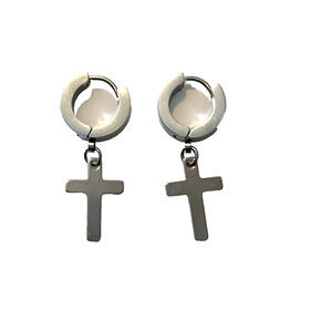 Stainless Steel Cross Dangle Hoop Pierced Earrings Dainty Size Hinge Click Close